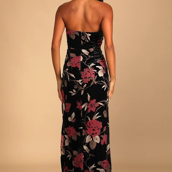 Black Floral Velvet Strapless Dress - Picture 2 of 7